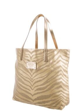 Michael Kors Zebra Print Metallic Gold Beige Canvas Tote NWT